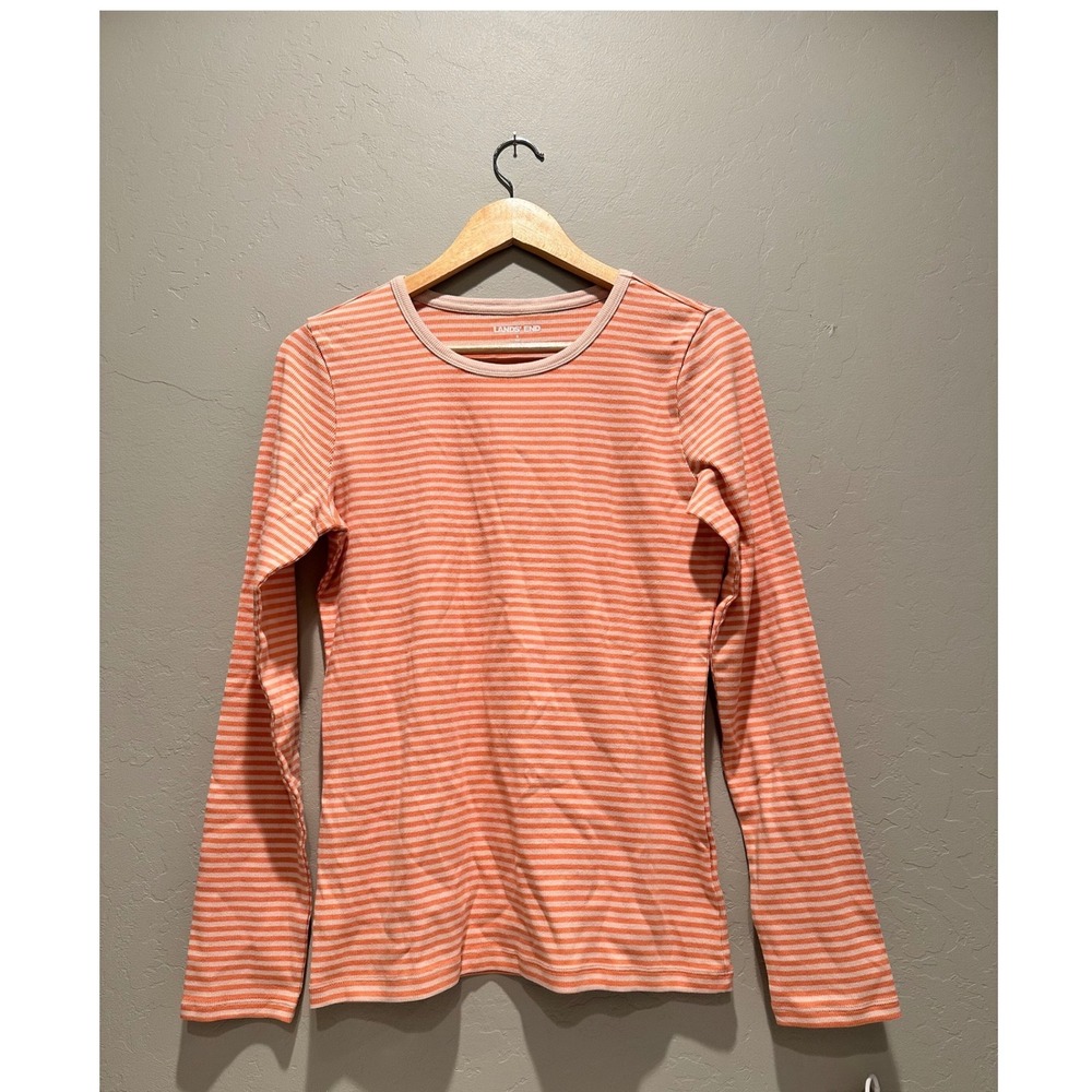 Lands End Women's Melon Striped Long Sleeve Scoop Neck Cotton T-Shirt‎ Small